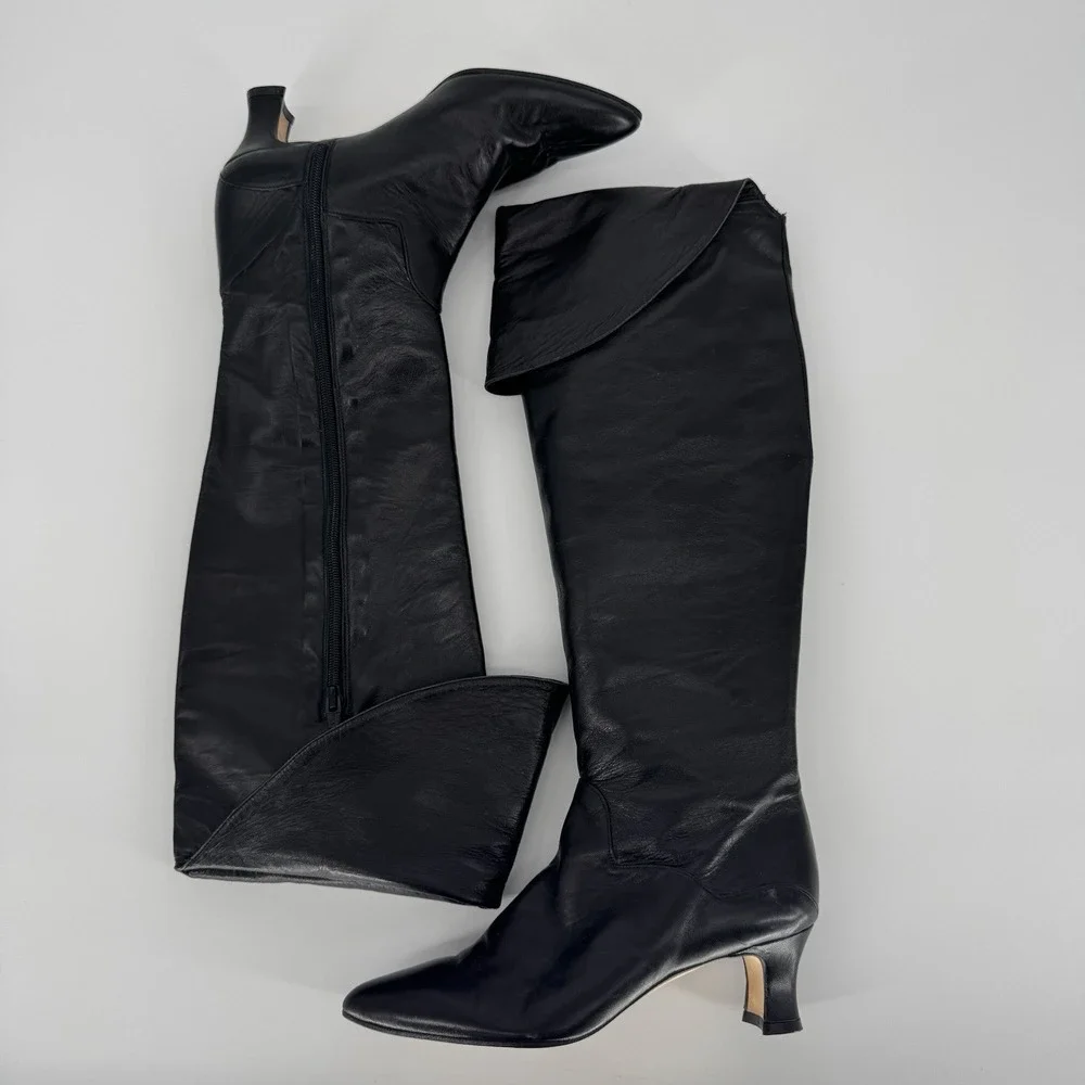 Vintage Vera Cruz Black Leather Thigh High Boots 80s Slouchy Kitten Heel Size 6